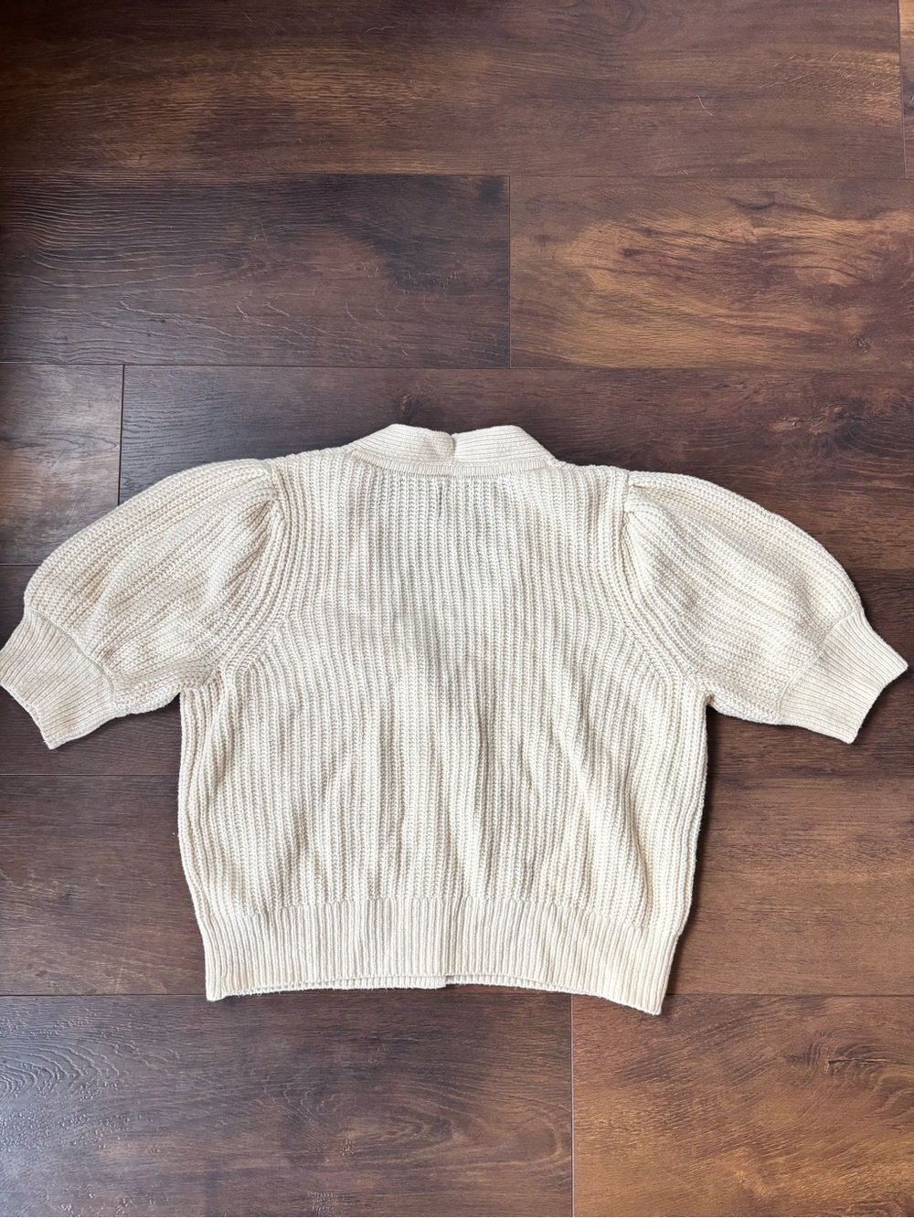 GAP Petite Small Cream Ribbed Puff Sleeve Cardigan - Picture 4 of 7